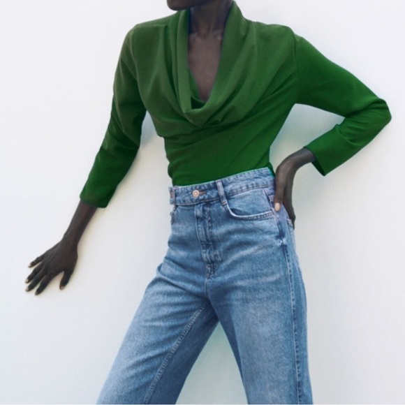 ZARA KELLY GREEN COWL FLOWY NECKLINE LONG SLEEVE BLOUSE - Picture 8 of 13